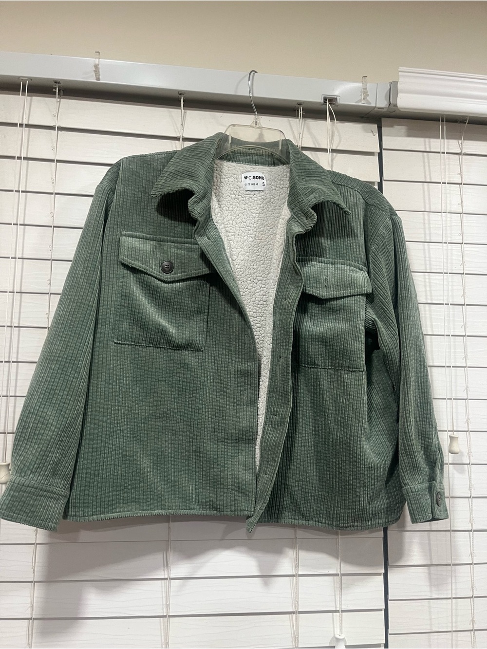 Ci Sono Cream Sherpa-Lined Jacket with Sage Corduroy Trim